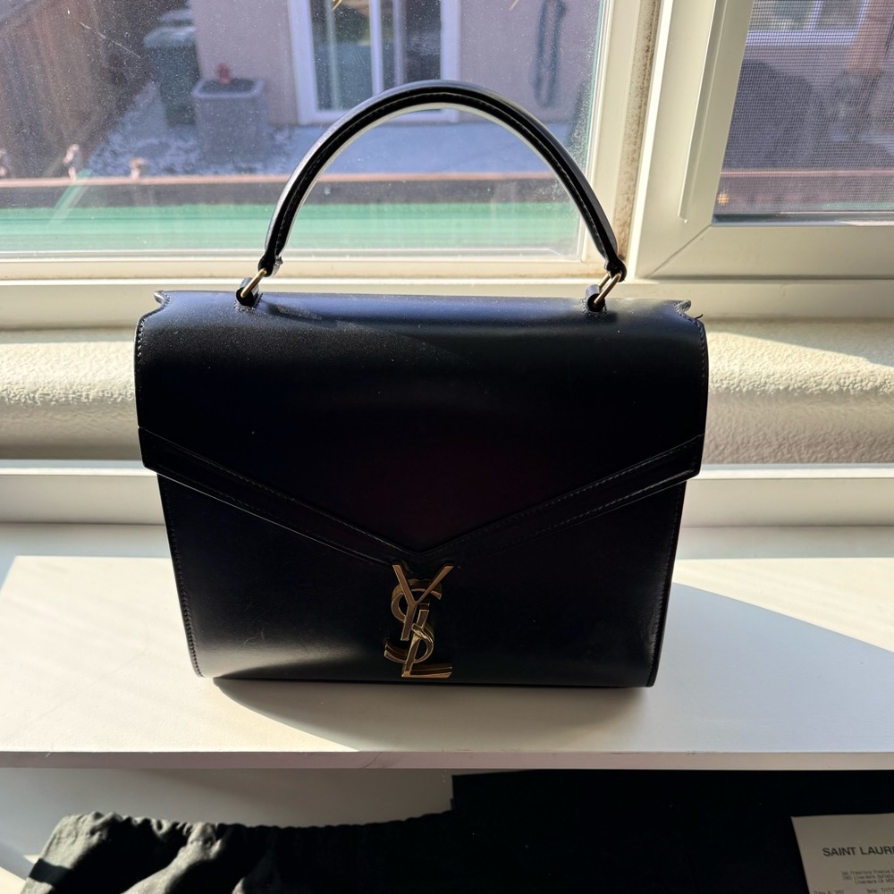 100% Authentic YSL Saint Laurent Black Satchel with Gold Accents